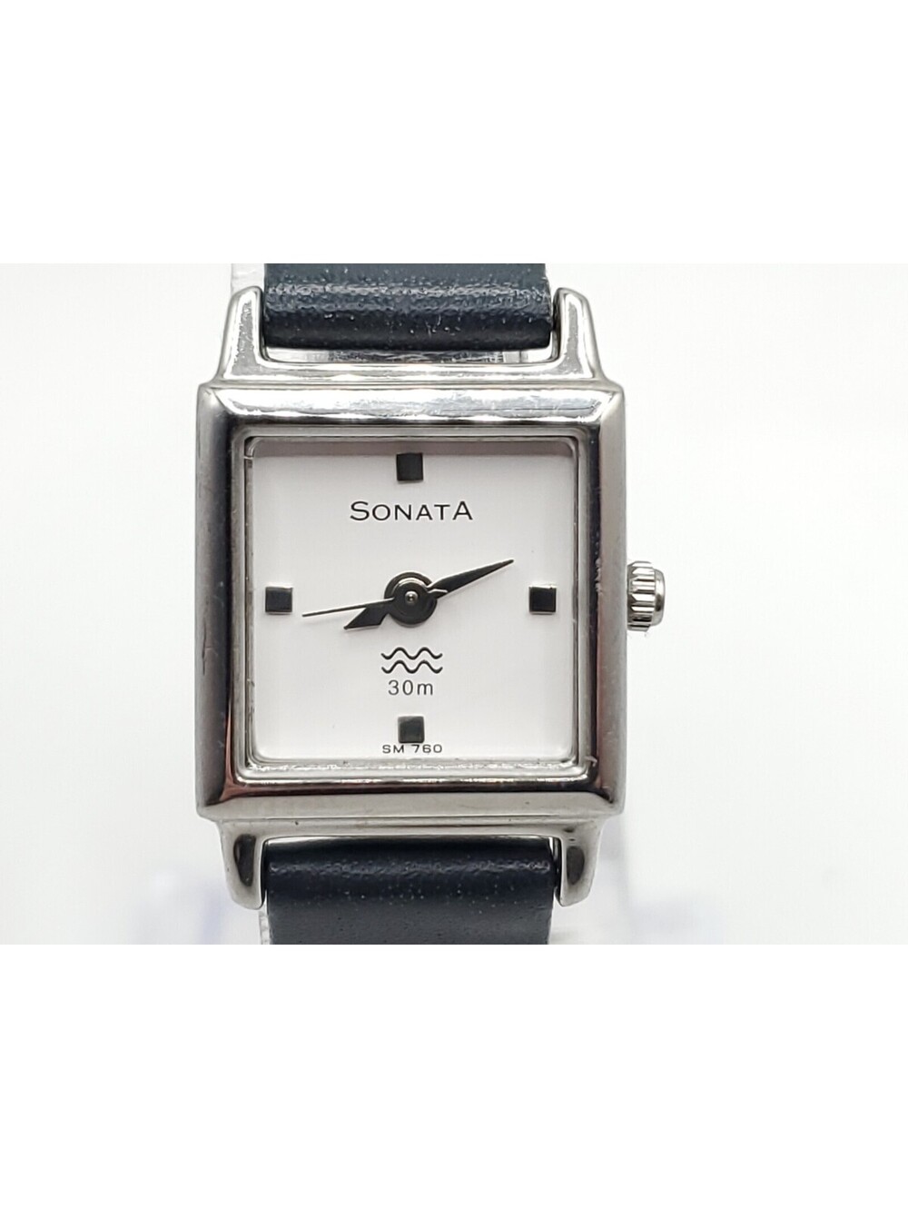 Sonata Quartz Watch Womens New Battery Silver Tone Black Band Square 17mm